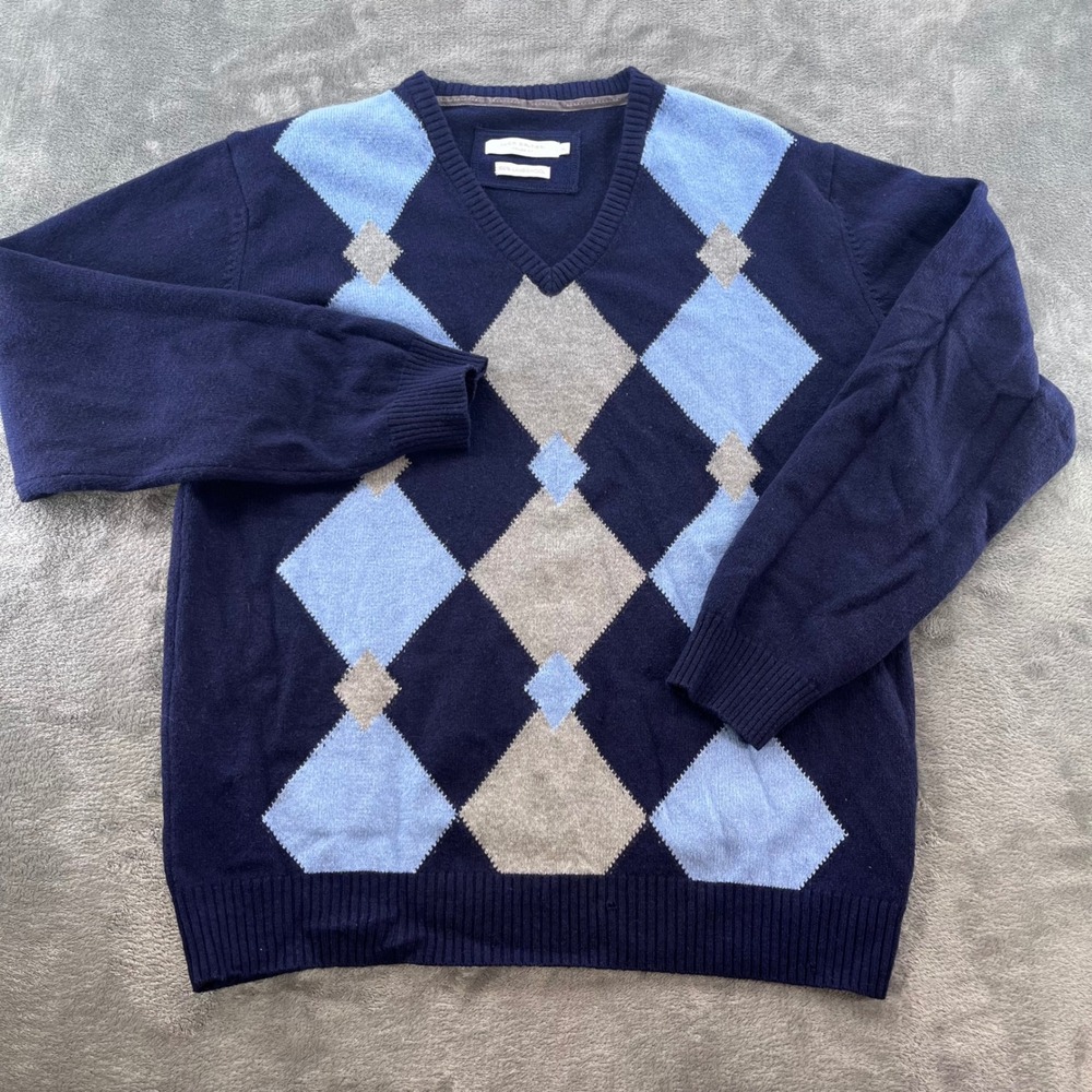 Luca D'Altieri Mens Argyle V-Neck Sweater 100% Lambswool Navy Blue XL 100335